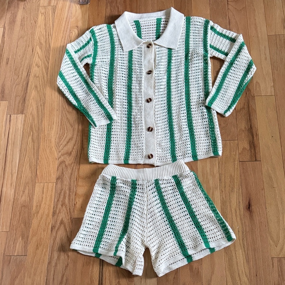 Cream & Green Striped Crochet Button-Up Top and Shorts Set